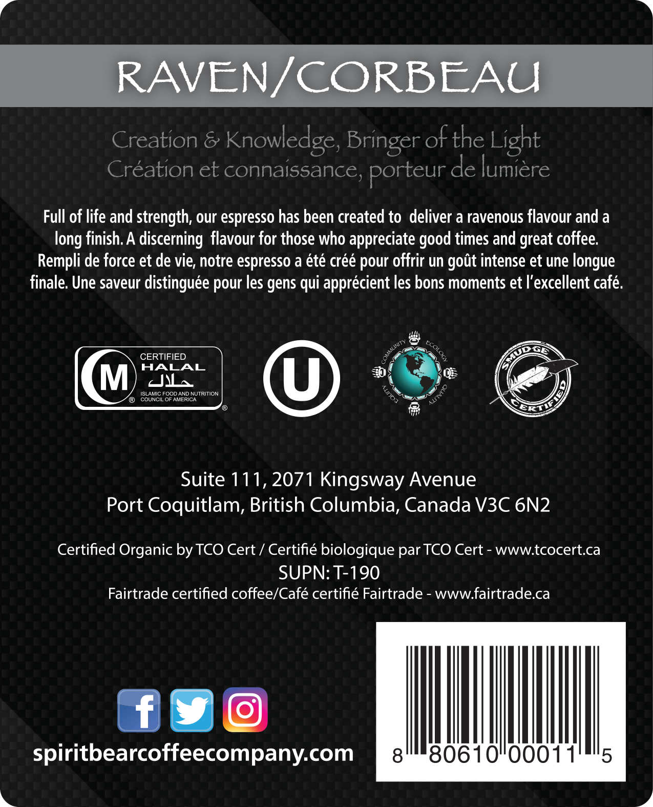 Raven - Espresso - Spirit Bear Coffee Company, Order coffee online Canada, wholesale coffee, organic and fair trade coffee