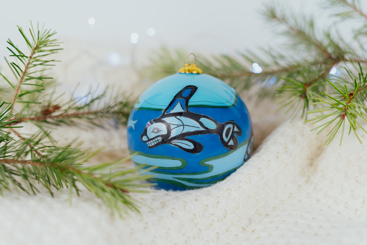 First Nations Bill Helin Orca Ornament on Christmas tree